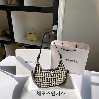 여성 하운드투스 체크 캔버스 반달 겨드랑이 숄더백 데일리 미니 지퍼 가방