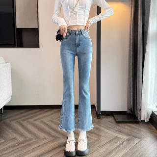 연청색 스판 청바지 자녀 2023 봄 슬림핏 날씬해 보이는 9부 바지 작은 키 털끝 마이크로 나팔바지