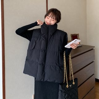 검정 패딩 면 조끼 여학생 한국판 가을 겨울 외투 오버핏 면 조끼 조끼 백패