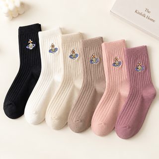 아청자 여성 새턴 자수 중목 양말 더블니들 면 슬라우치 삭스 사계절 데일