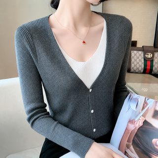 가짜 두 벌의 니트 카디건 여자 2023 봄가을 신상 나른하고 헐렁한 스웨터 겉