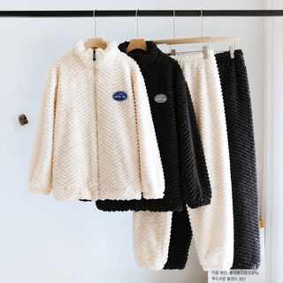 커플룩 겨울 기모 더하기 지퍼 두꺼운 긴팔 긴바지 플란넬 보온 잠옷 부드