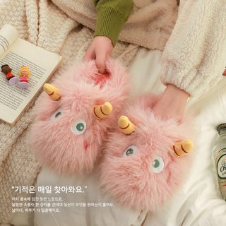 귀여운 몬스터 털 면 슬리퍼 겨울 보온 실내화 여성 홈슈즈