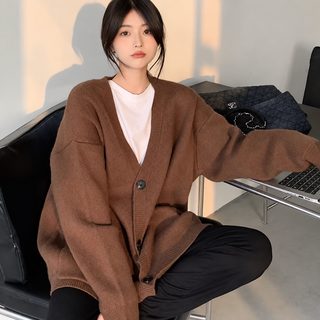 가을 겨울 신상 두꺼운 단색 주머니 니트 스웨터 여성 카디건 외투 레깅스 나른한 한국판 헐렁헐렁해 날씬해 보인다