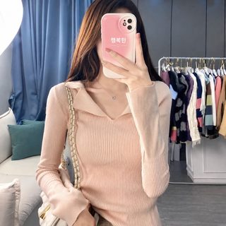 여성 프렌치 슬림핏 니트 긴팔 티셔츠 브이넥 폴로 카라 가을 출근룩 이너