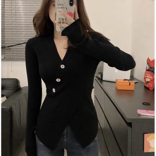 纯欲又显瘦 V领毛衣交叉A4腰修身开叉套头针织长袖内搭上衣v领新