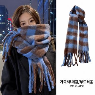 여성 겨울 목도리 200×40cm 블루브라운 모헤어 느낌 커플 롱 머플러 숄