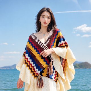 복고 민족풍 니트 숄 여자 수술 컬러 겉면 보온 삼각건 보헤미안 망토 도매