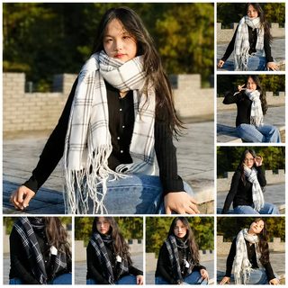 가을 겨울 모조 캐시미어 스카프 체크 수술 숄 가벼운 사치풍 보온 백합 학
