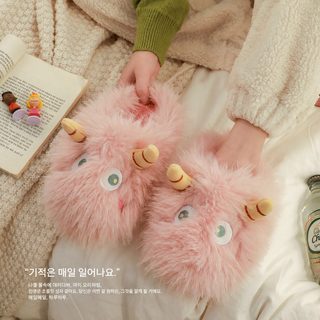 여성 겨울 실내 털 슬리퍼 귀여운 몬스터 면 슬리퍼 보온 두꺼운 밑창