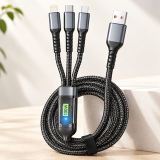 100W 3in1 고속충전 케이블 C타입·8핀·마이크로 5핀 1.2m 블랙