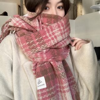 엘린다 여성 겨울 체크 태슬 롱 스카프 200×65cm 보온 숄 머플러 마른장미 핑