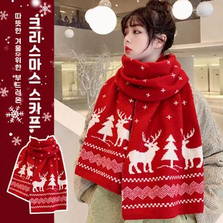 여성 겨울 레드 체크 머플러 170x70cm 아크릴 니트 숄 크리스마스 사슴무늬 롱