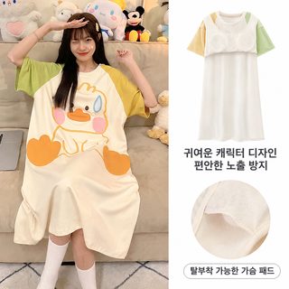 여성 여름 순면 캐릭터 프린트 반팔 롱 원피스 홈웨어 가슴패드