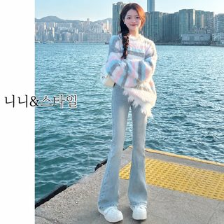 연한 남색 마이크로 라진 여성 춘추 2024년 신상 작은 키 말굽 바지 높은 허리 날씬해 보이는 나팔 바지