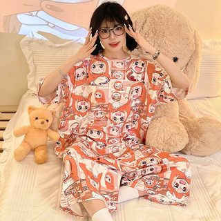 베이직한 데일리 스커트 롱 오버핏 오버핏 파자마 니트 면 반팔 홈웨어 여