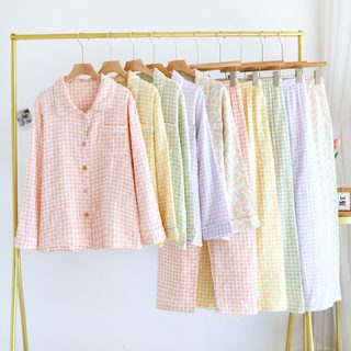 거품 면사 잠옷 춘추 긴 여자 긴 소매 잔꽃 얇은 칼라 달콤한 가정복 잠옷