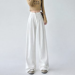 白色高腰褶皱阔腿牛仔裤女夏季高级感高端宽松直筒垂感休闲裤子