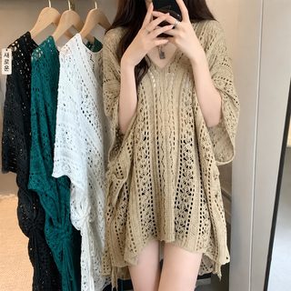 여성 브이넥 펀칭 반팔 니트 여름 루즈핏 시스루 커버업 풀오버