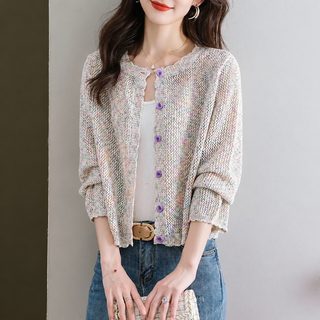 2024 봄여름 신상 펀칭 니트 색사 패션 심플 에어컨 셔츠 레이스 소매 라운드