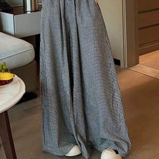 신중식 ins 민족풍 대박 면 마 체크 녀 여름 헐렁헐렁 큰 사이즈 와이드 팬츠