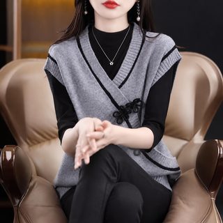 여성 브이넥 중국풍 매듭 단추 캐시미어 니트 조끼 2025 가을 민소매 풀오버