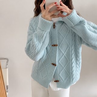가을 겨울 루즈핏 카라 더플 버튼 꽈배기 니트 가디건 긴팔 아우터