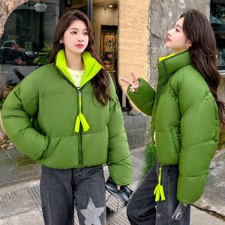 2024冬季新款高级感牛油果绿短款面包服女小个子立领羽绒棉服外套