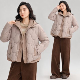 棉服女假两件短款连帽冬季棉袄2024新款宽松小个子羽绒棉衣外套潮