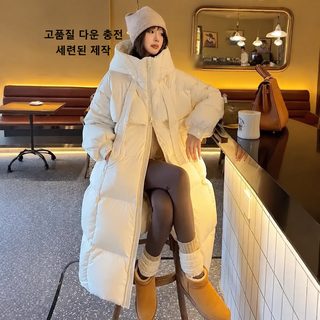 여성 롱패딩 화이트덕다운 후드 패딩 무릎 아래 오버핏 끈 디테일 방풍 겨