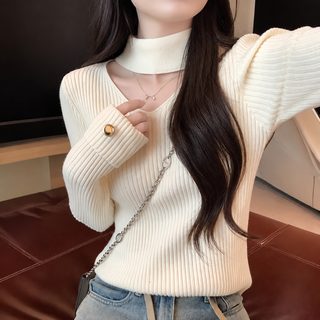 목걸이 펀칭 v넥 니트 여자 가을 겨울 2024 신상 디자인 감각 소규모 레깅스