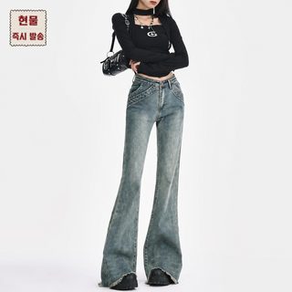 复古设计感毛边微喇叭牛仔裤女秋冬低腰辣妹拼接弹力显瘦拖地长裤