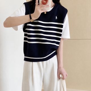 韩版撞色条纹针织马甲上衣女秋冬季新款无袖套头外搭优质毛衣背心