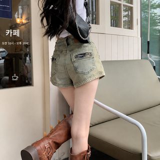 여성 하이웨스트 데님 숏팬츠 머드 옐로 워싱 슬림핏 빈티지 핫팬츠