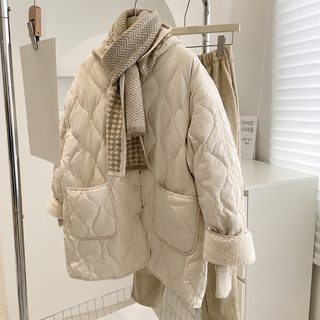 여성 겨울 양털 배색 솜패딩 다이아 퀼팅 루즈핏 경량 보온 점퍼