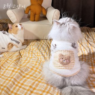 카푸치노 체크 한국 인스타 반려묘 고양이 기모 조끼 가을 겨울 캐릭터 펫