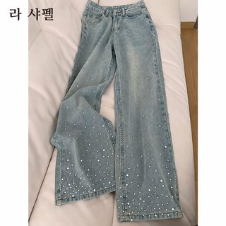 옅은 색 파마 와이드 청바지 여춘추 2024 트렌드 백합 신상 디자인감 하이웨스트 날씬해 보이는 통바지