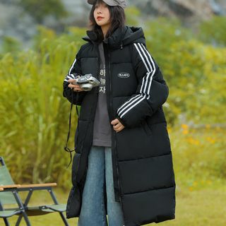 여성 겨울 중롱 다운솜 패딩 세 줄 장식 루즈핏 두꺼운 후드 보온 외투