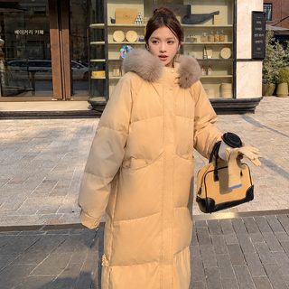 큰 털넥 중장형 패딩 면복녀 2024년 신형 느슨한 면옷에 두꺼운 무릎 솜저고
