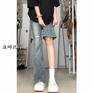 빈티지 찢어진 구멍 마이크로 라진 여성 춘추 신상 큰 사이즈 뚱뚱 mm 높은 허리 날씬해 보이는 배 모양 몸매 나팔 바지