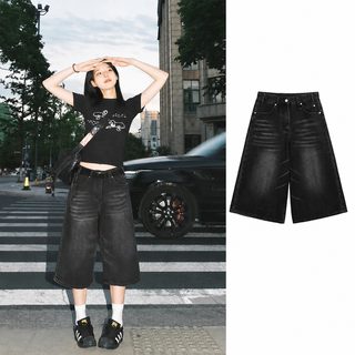 아메리칸 빈티지 7부 데님 반바지 여성 가을 신상 디자인감 고가 와이드 와