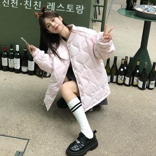 여성 겨울 숏 패딩 점퍼 무칼라 루즈핏 라운드넥 캐주얼 외투
