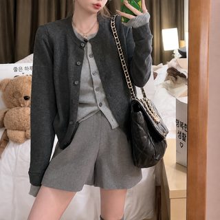 여성 가을겨울 그레이 페이크 레이어드 라운드넥 니트 가디건 긴팔 스위트