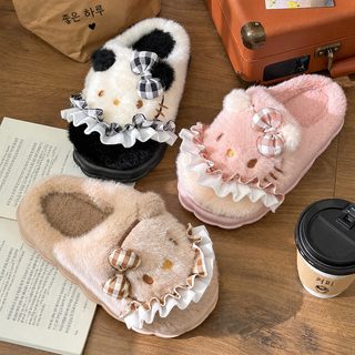 귀여운 고양이 면 슬리퍼 여자 가을 겨울 실내 집 미끄럼 방지 모직 레이스