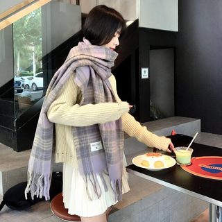 여성 겨울 모헤어 체크 머플러 48x200cm 두꺼운 보온 롱 커플 목도리