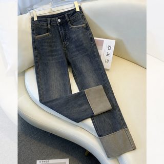 여성 하이웨이스트 9부 워싱 스트레이트 데님 팬츠 봄가을 통근용 진팬츠