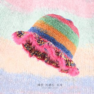 여성용 레인보우 그라데이션 니트 버킷햇 가을 겨울 방풍 보온 털모자
