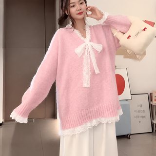 가을/겨울 신상 한국판 레이스 니트 커버 브이넥 리본 달콤하고 부드러운