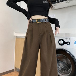 여성 겨울 다크브라운 데님 와이드 팬츠 하이웨이스트 체형커버 작은키 캐