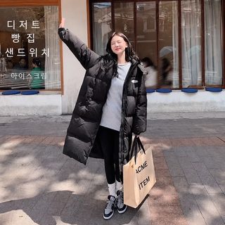 여성 블랙 후드 롱 패딩 솜옷 겨울 루즈핏 무릎길이 두꺼운 캐주얼 점퍼